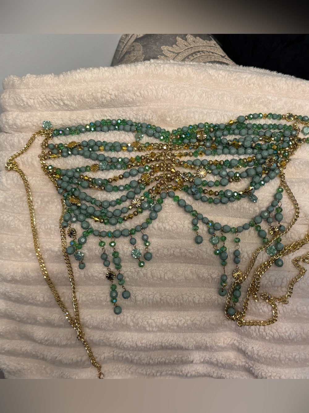 Gold Multistrand Green Beaded Statement Necklace